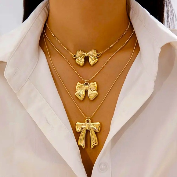 Coquette Bowknot Multi-Layered Gold Tone Chain Statement Bow Necklace Brand‎ NEW - Picture 1 of 14